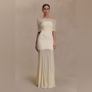 Meshki - Caspian Slinky And Mesh Off Shoulder Maxi Dress (Ivory)